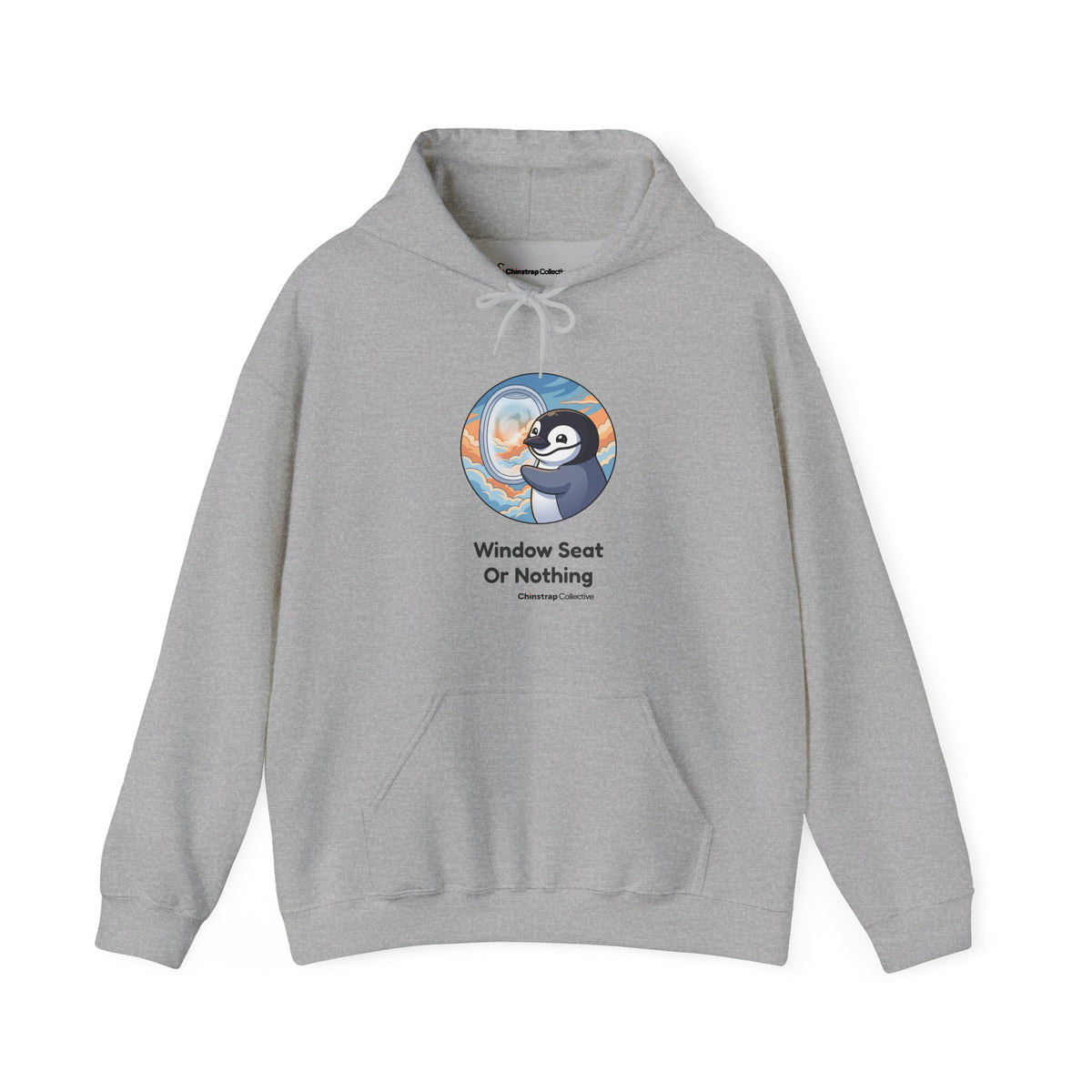 Window Seat penguin hoodie in Sport Grey: The art shows a chinstrap penguin pressing its face to a round airplane window,…