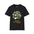 The Usual penguin T-shirt in Black: Inside a green and gold sticker-style frame, the penguin in a green scarf slides a…