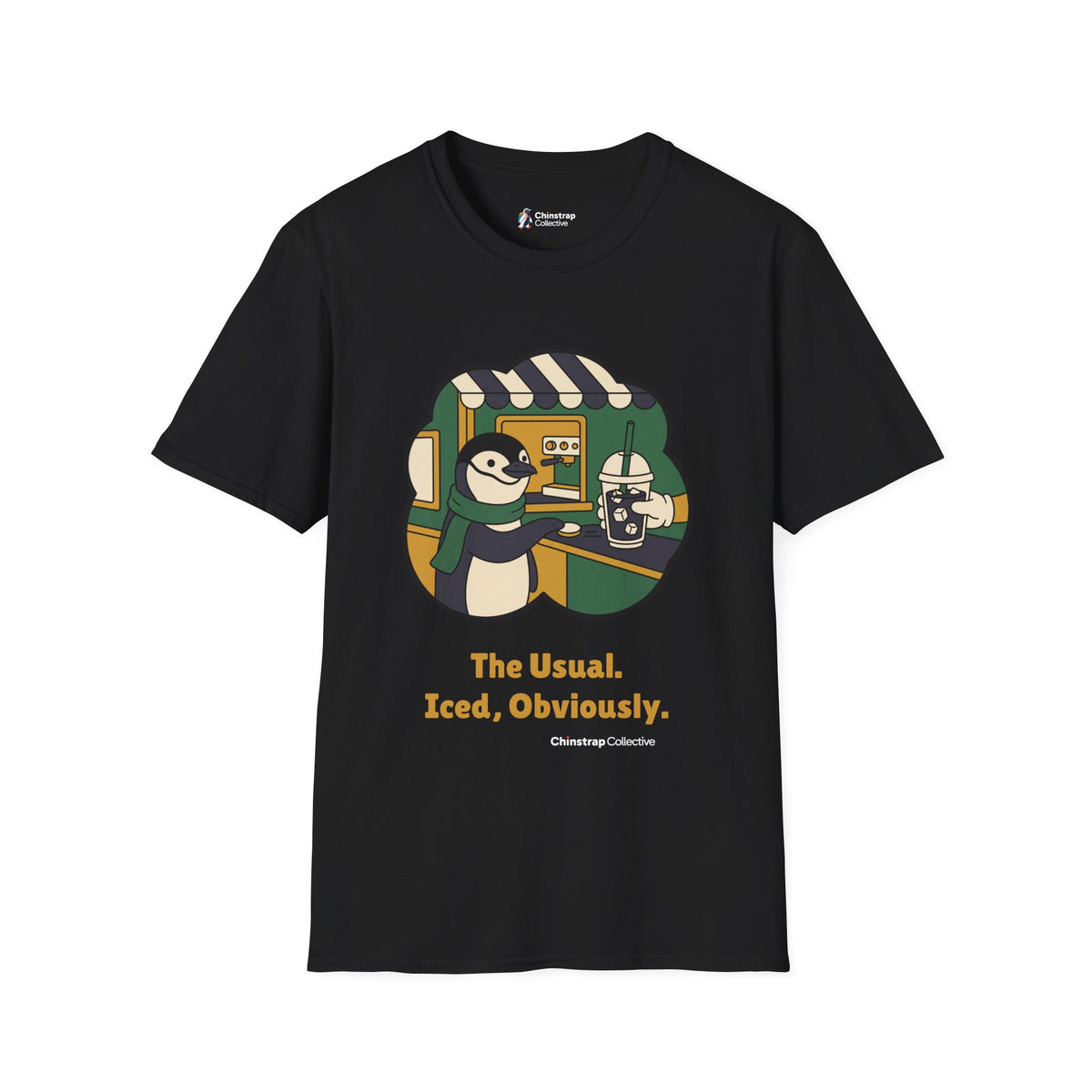 The Usual penguin T-shirt in Black: Inside a green and gold sticker-style frame, the penguin in a green scarf slides a…