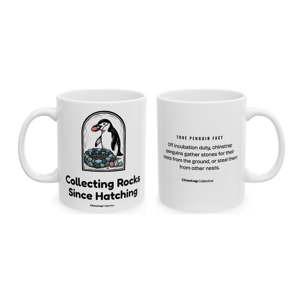 Rocks Since Hatching Mug in White, both sides: the penguin and its true penguin fact