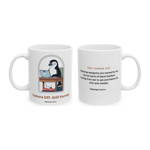 Camera Off, Still Formal Mug in White, both sides: the penguin and its true penguin fact