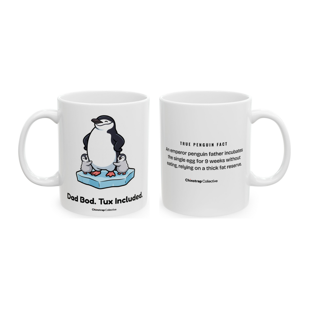 Dad Bod, Tux Included Mug in White, both sides: the penguin and its true penguin fact