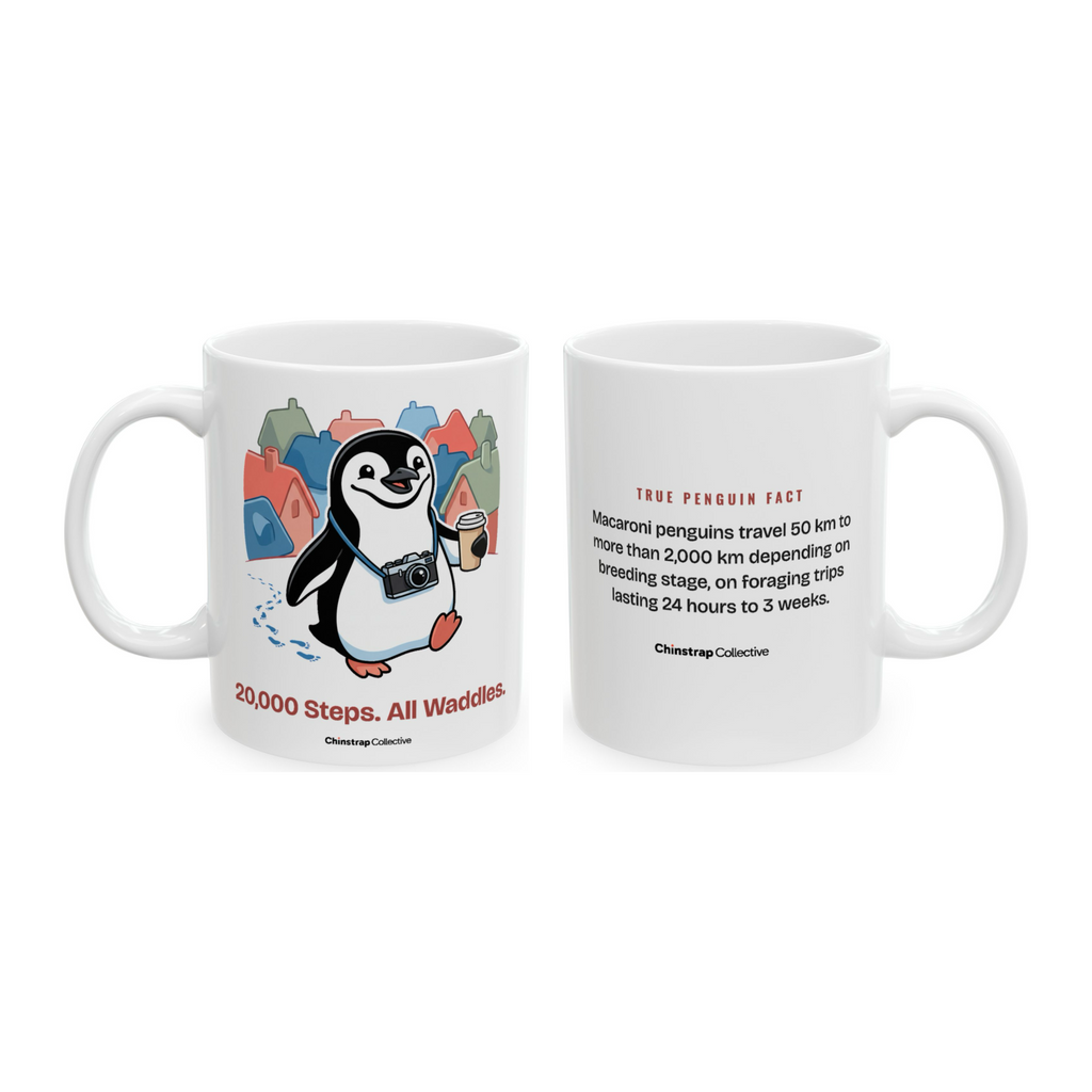Every Step a Waddle Mug in White, both sides: the penguin and its true penguin fact