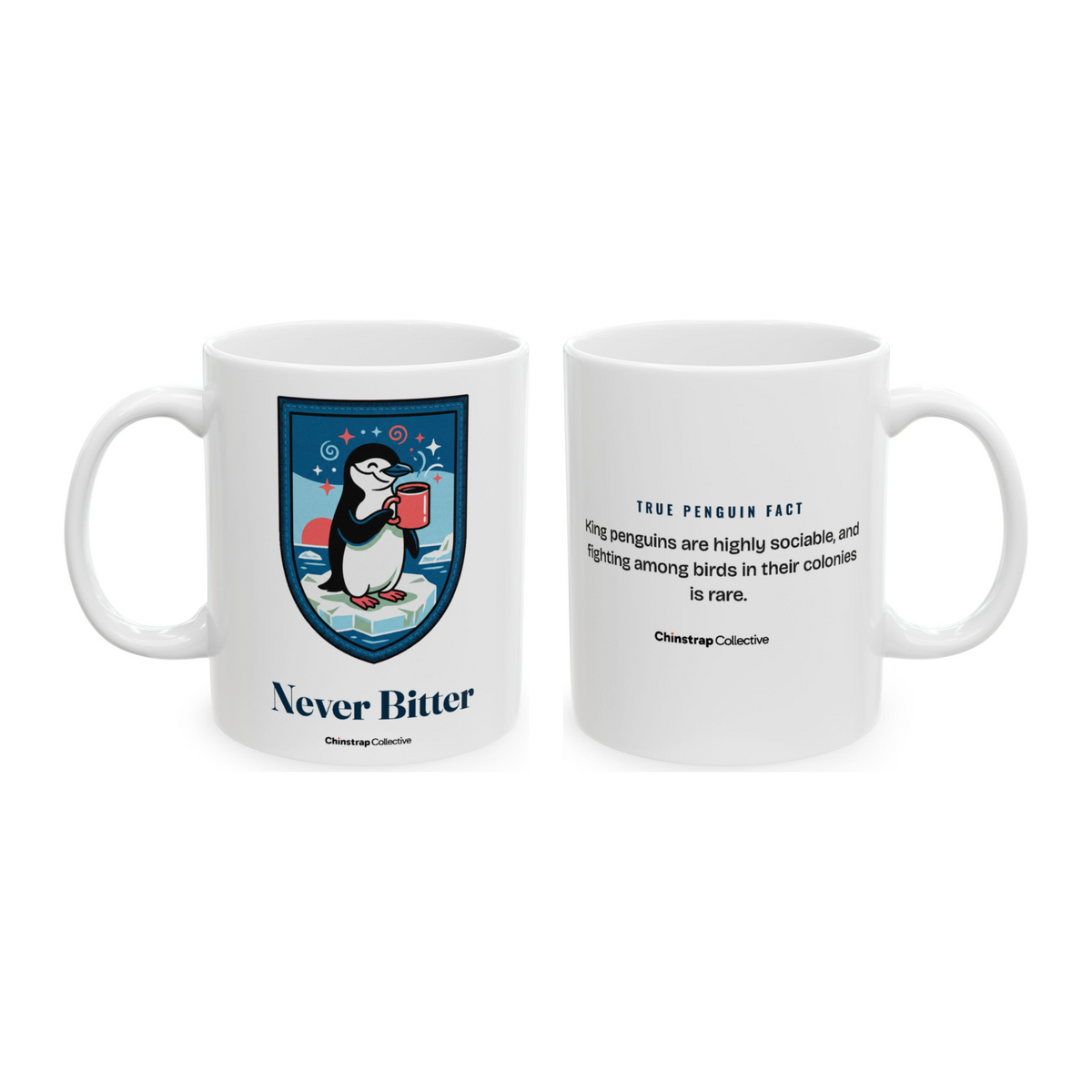 Never Bitter Mug in White, both sides: the penguin and its true penguin fact