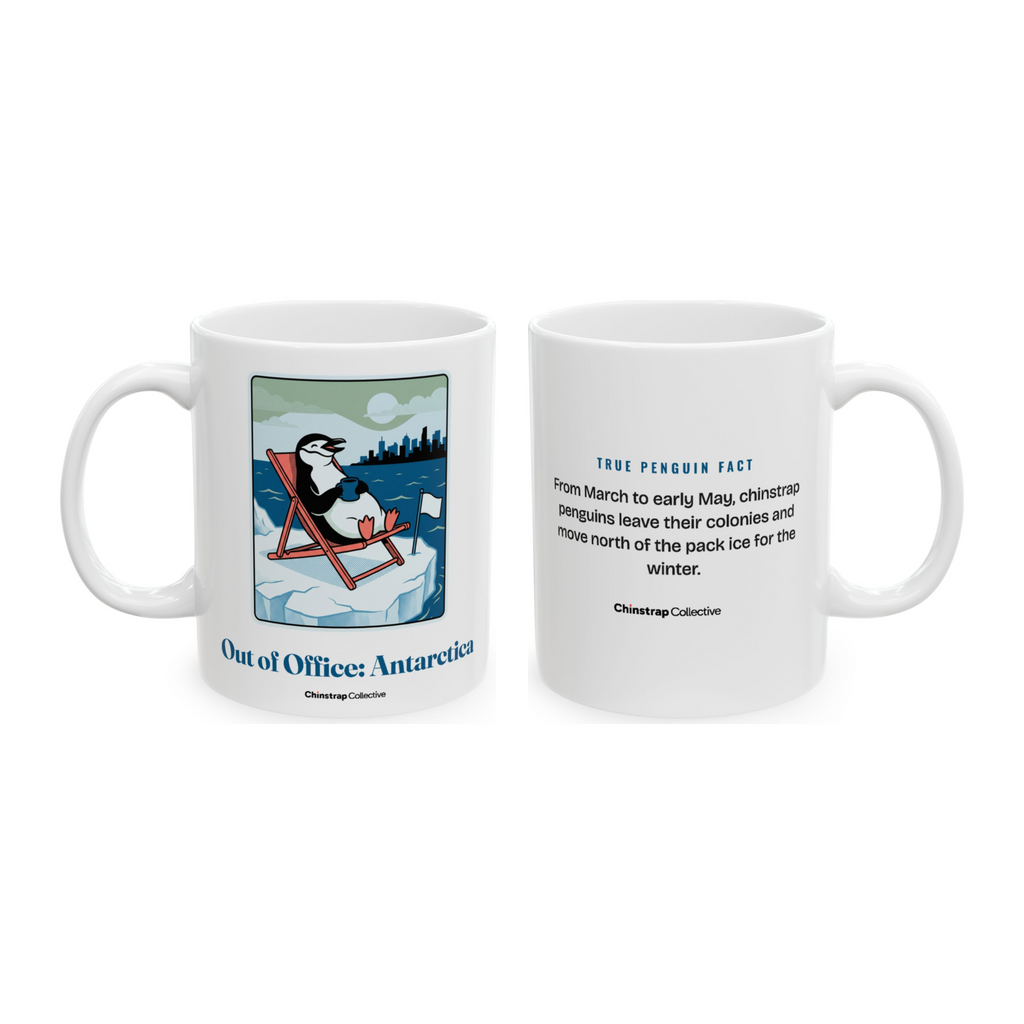 Out of Office: Antarctica Mug in White, both sides: the penguin and its true penguin fact