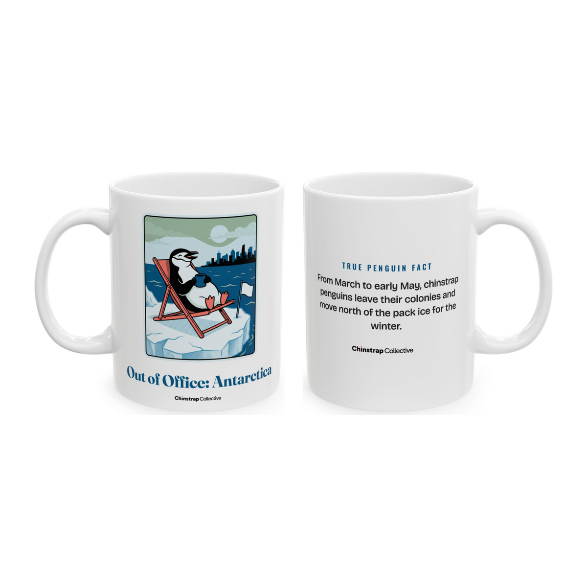 Out of Office: Antarctica Mug in White, both sides: the penguin and its true penguin fact