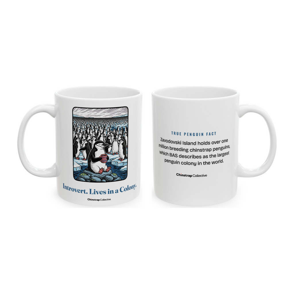 Introvert in a Colony Mug in White, both sides: the penguin and its true penguin fact