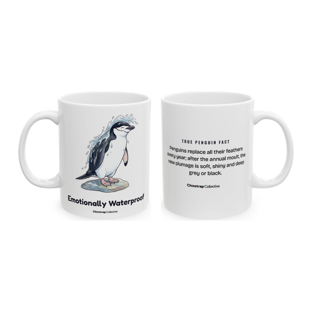 Emotionally Waterproof Mug in White, both sides: the penguin and its true penguin fact