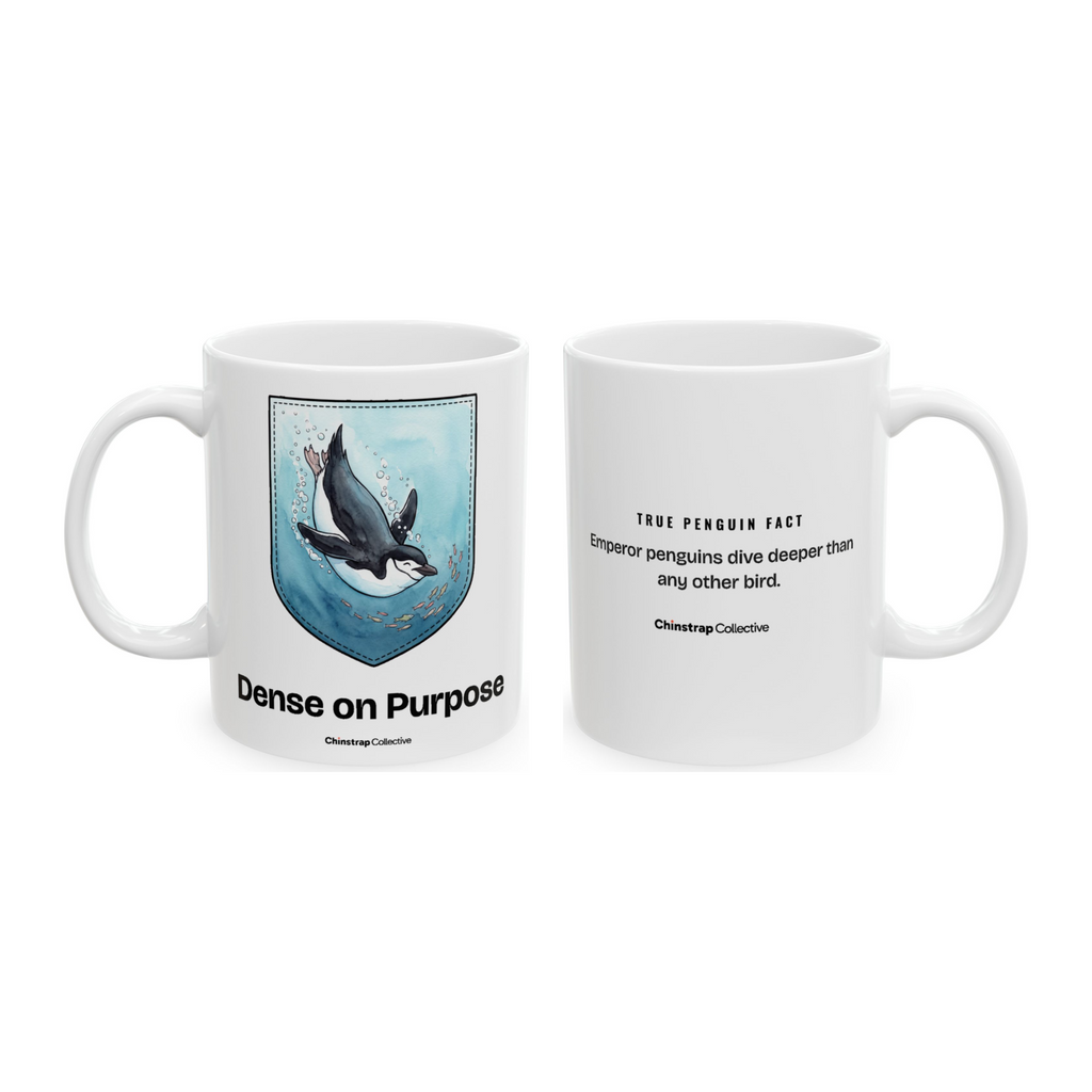 Dense on Purpose Mug in White, both sides: the penguin and its true penguin fact