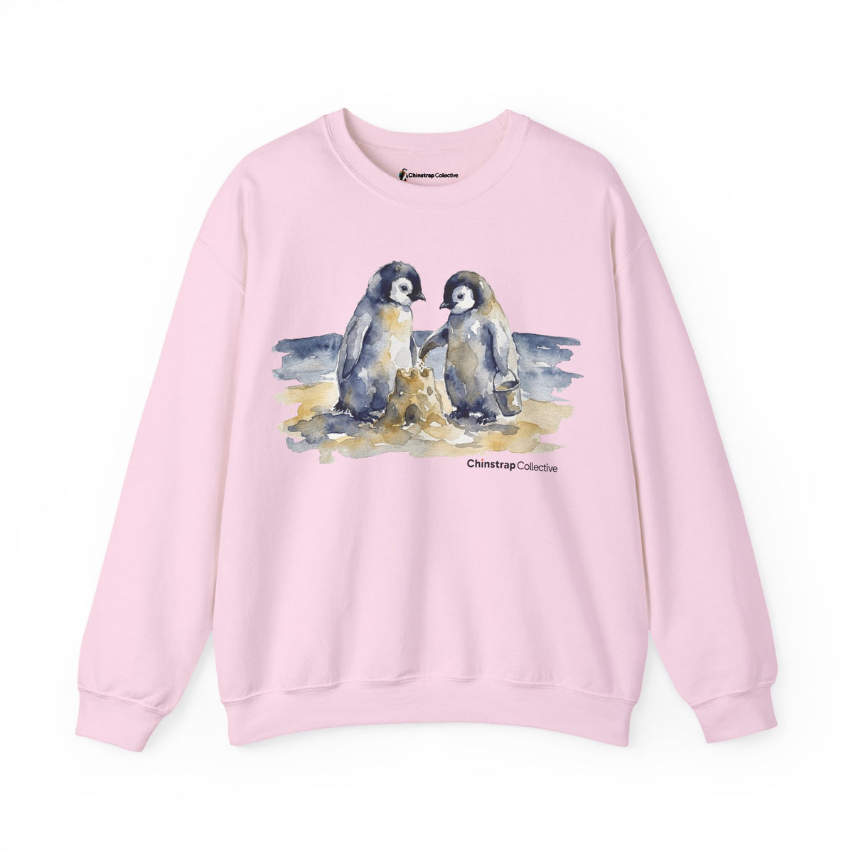 Sandcastle Penguin Chicks penguin sweatshirt in Light Pink: The front print is a soft watercolor in navy, slate grey and…