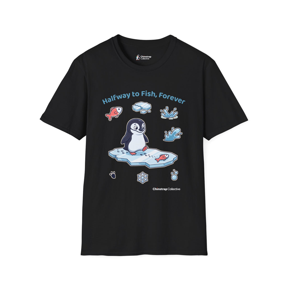 Halfway to Fish penguin T-shirt in Black: The chinstrap penguin waddles toward a fish on the ice, each footprint half as…