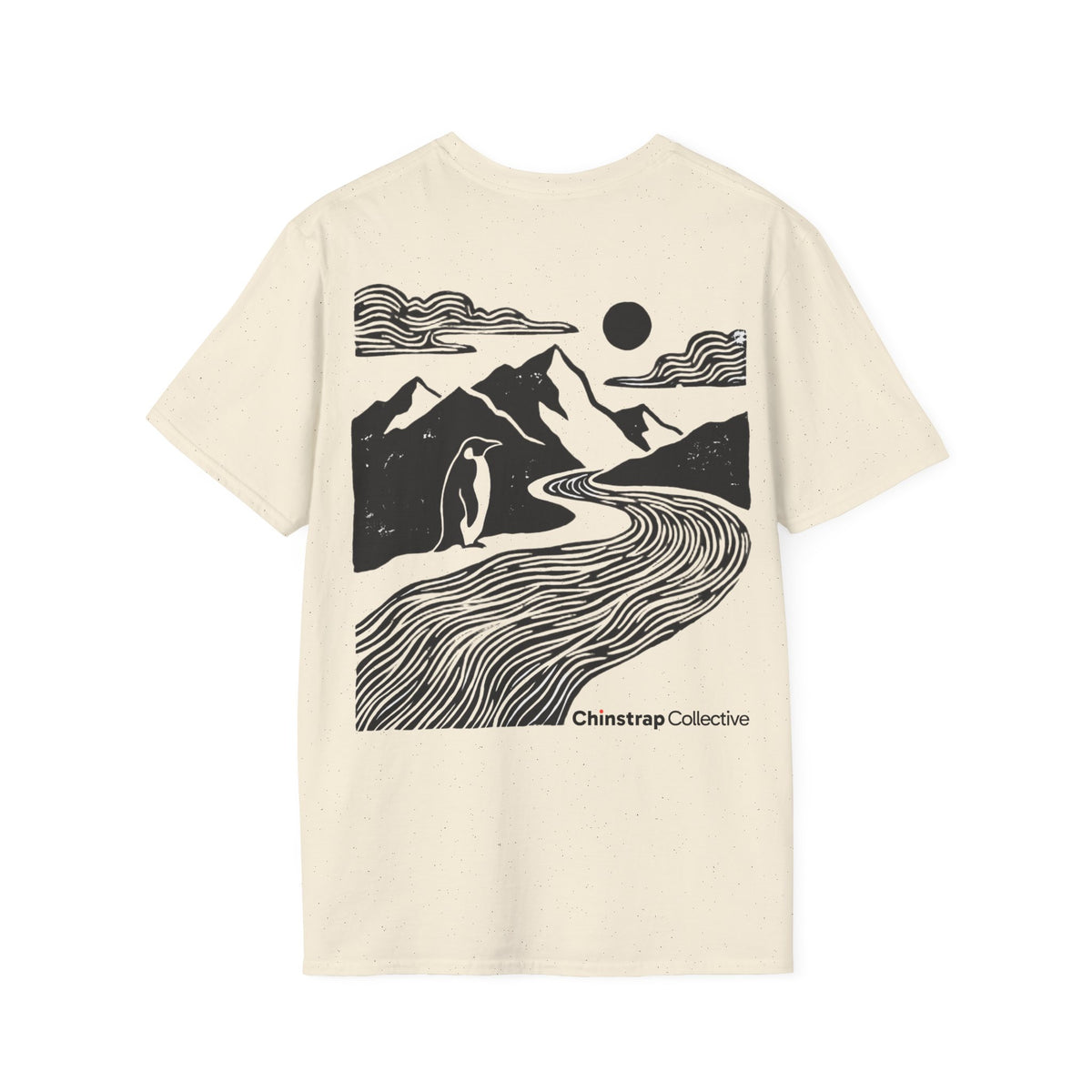 Penguin Mountain River T-Shirt, Linocut Style, Lightweight Fabric