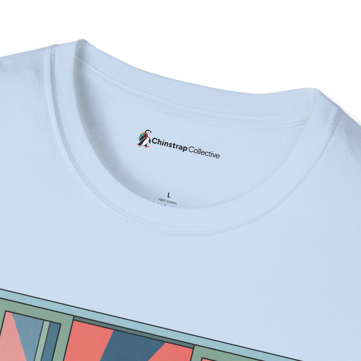 The Chinstrap Collective neck label on the Post-Shift Waddle T-shirt in Light Blue