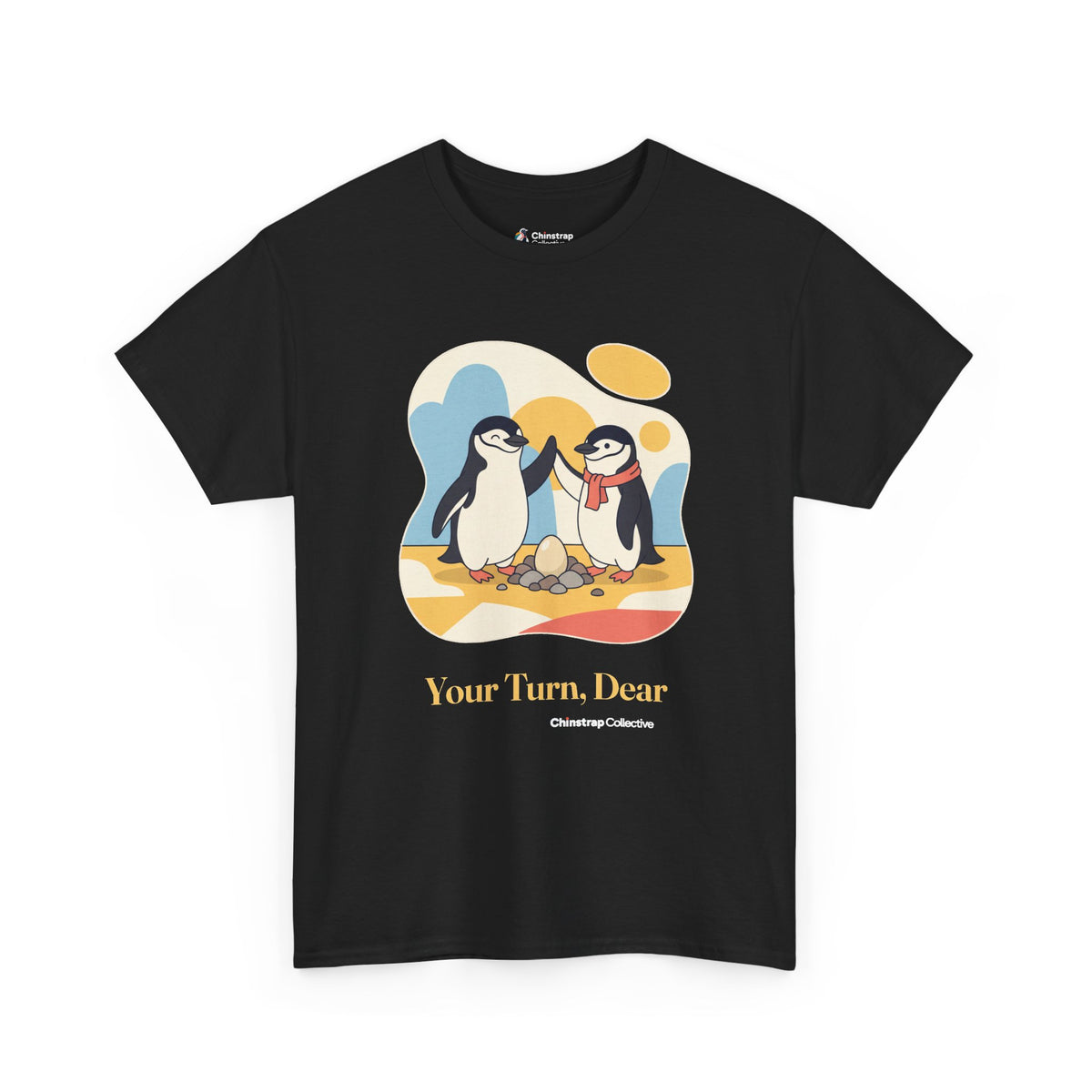 Shift Change penguin T-shirt in Black: Two storybook chinstrap penguins high-fiving over an egg