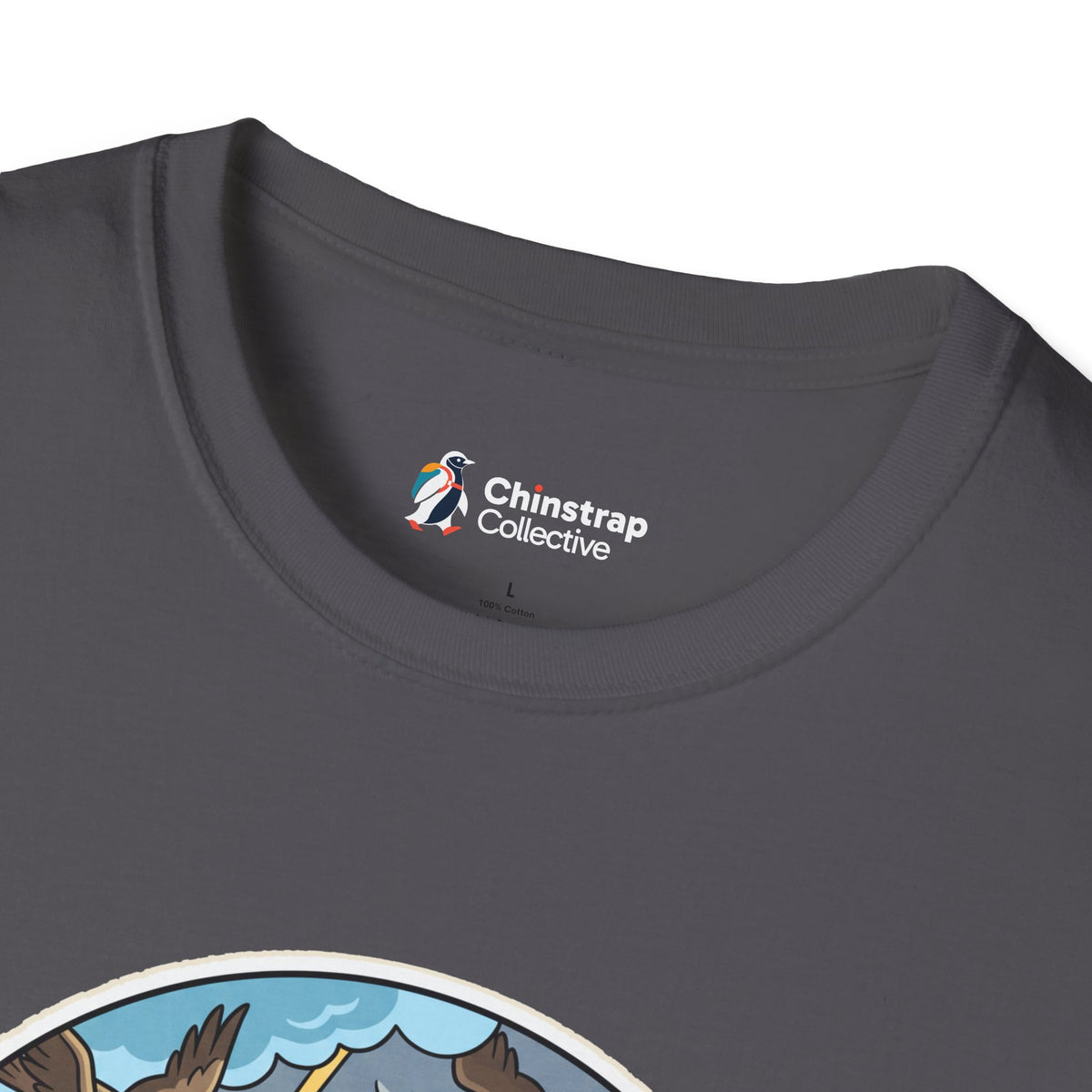 The Chinstrap Collective neck label on the Unflappable T-shirt in Charcoal