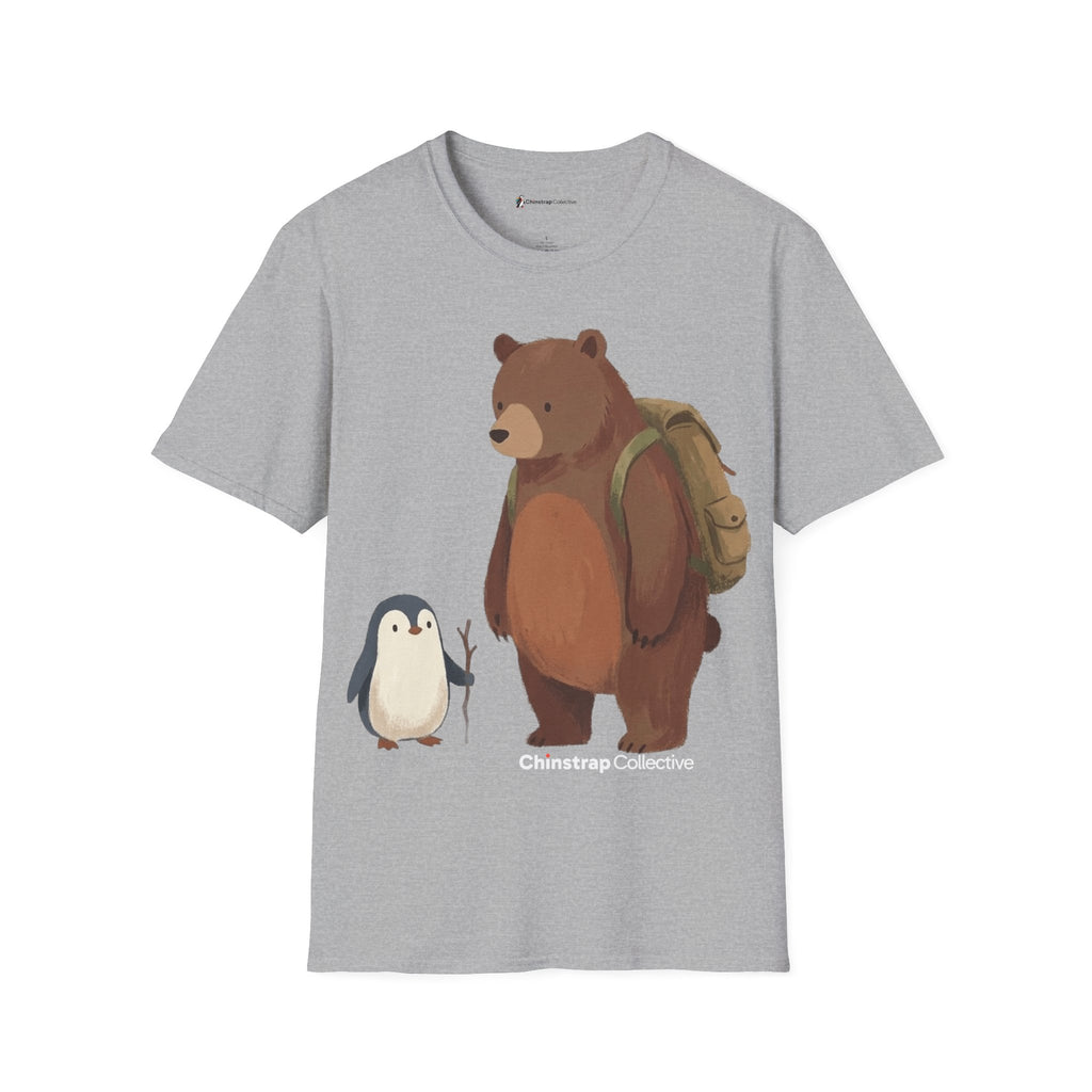 Bear and Penguin Hike penguin T-shirt in Sport Grey: The chest print is a soft watercolor-style painting. A small…