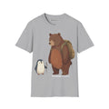 Bear and Penguin Hike penguin T-shirt in Sport Grey: The chest print is a soft watercolor-style painting. A small…
