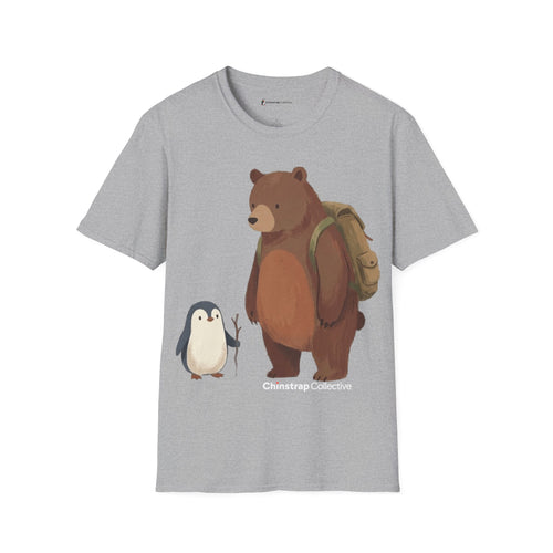 Bear and Penguin Hike penguin T-shirt in Sport Grey: The chest print is a soft watercolor-style painting. A small…