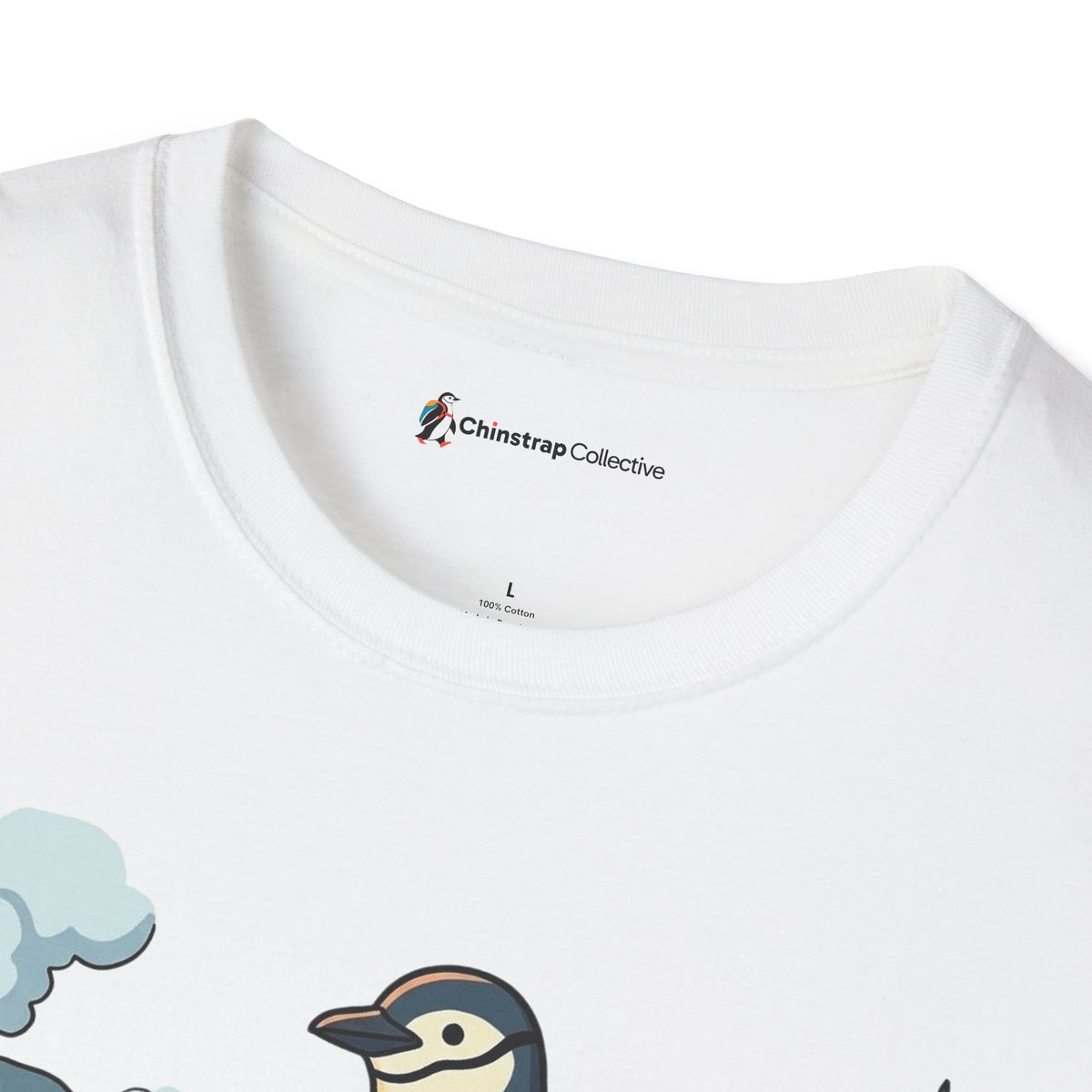 The Chinstrap Collective neck label on the Penguin Bison Ride T-shirt in White