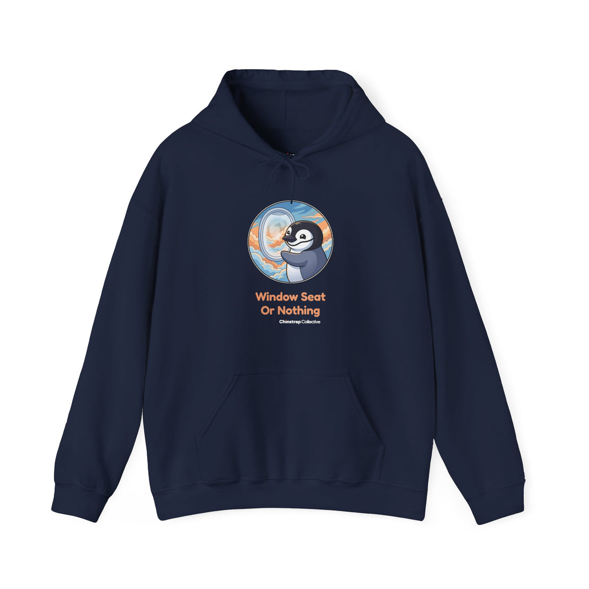 Window Seat penguin hoodie in Navy: The art shows a chinstrap penguin pressing its face to a round airplane window, beak…
