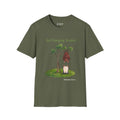 Just Hanging Around penguin T-shirt in Military Green: A brown bat hangs upside down from a leafy tree while, on the…