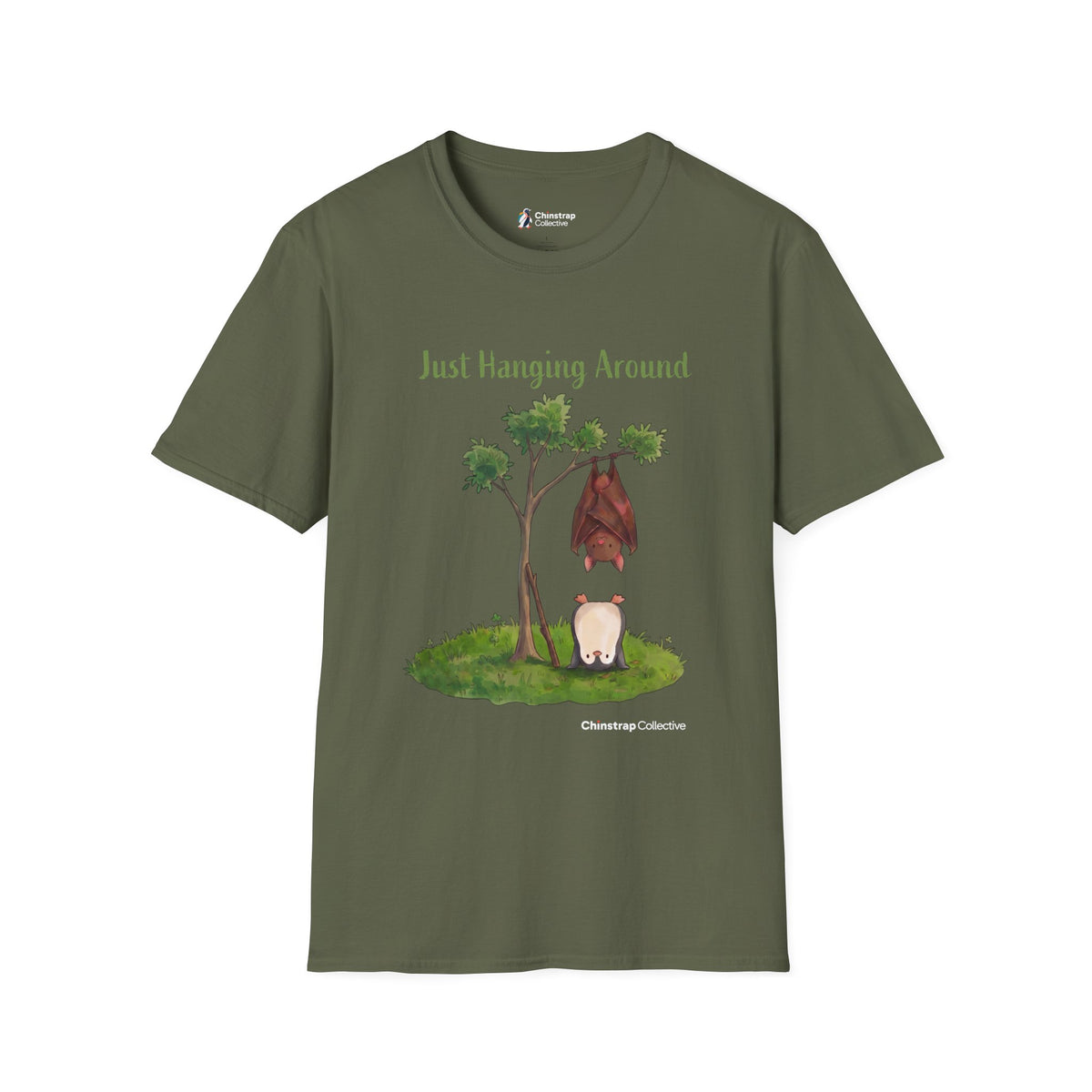 Just Hanging Around penguin T-shirt in Military Green: A brown bat hangs upside down from a leafy tree while, on the…
