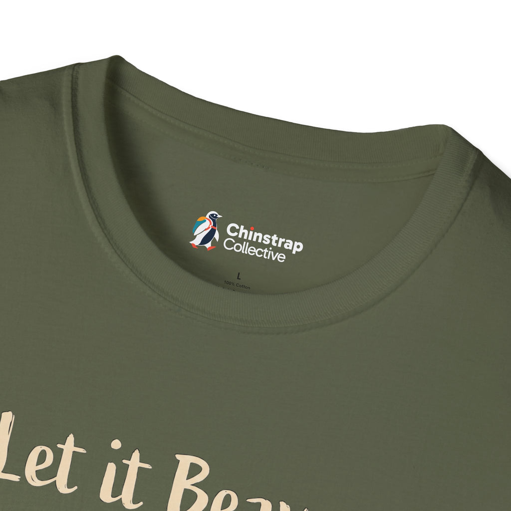 The Chinstrap Collective neck label on the Let It Beaver T-shirt in Military Green