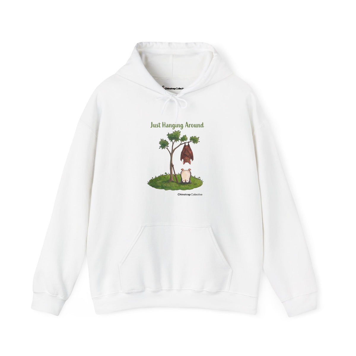 Just Hanging Around penguin hoodie in White: A bat hangs upside down from a leafy tree while the penguin does a headstand…