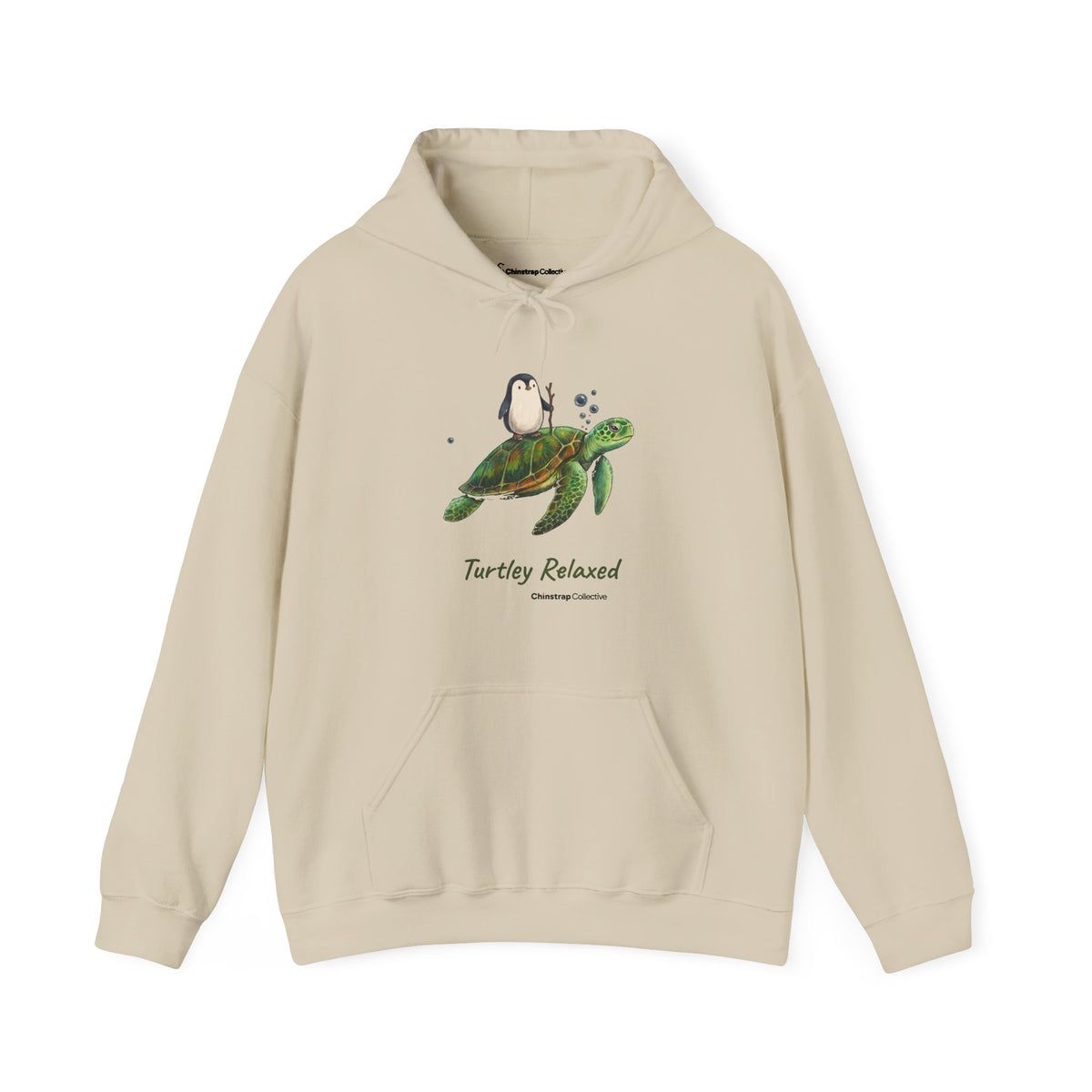 Turtley Relaxed penguin hoodie in Sand: The drawing shows the penguin, walking stick in flipper, riding on the back of a…