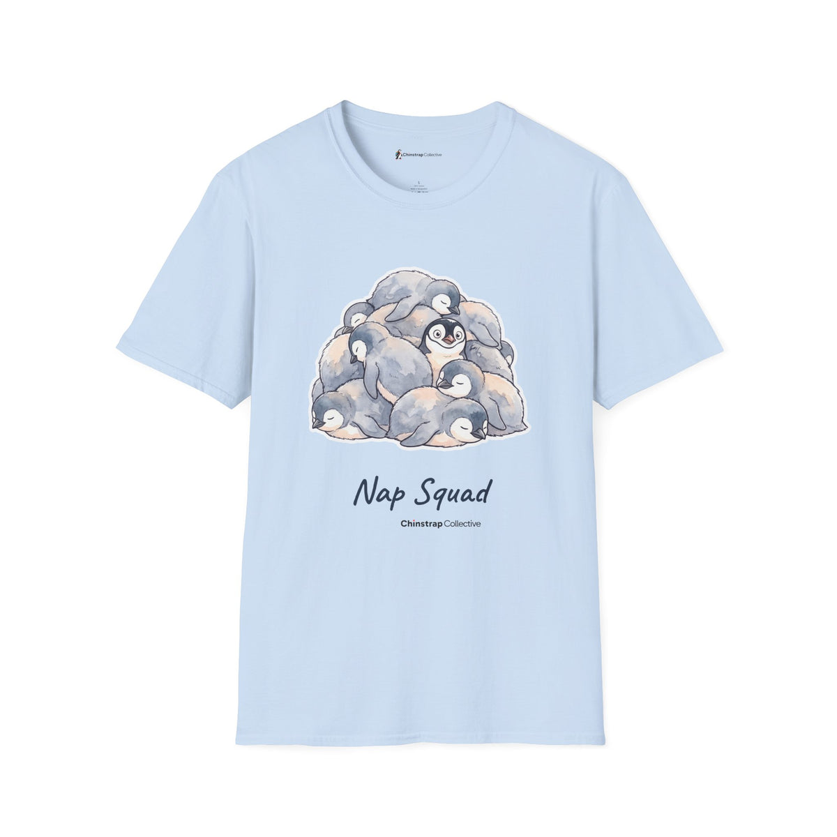 Nap Squad penguin T-shirt in Light Blue: A watercolour pile of sleeping grey penguin chicks with one awake in the middle,…