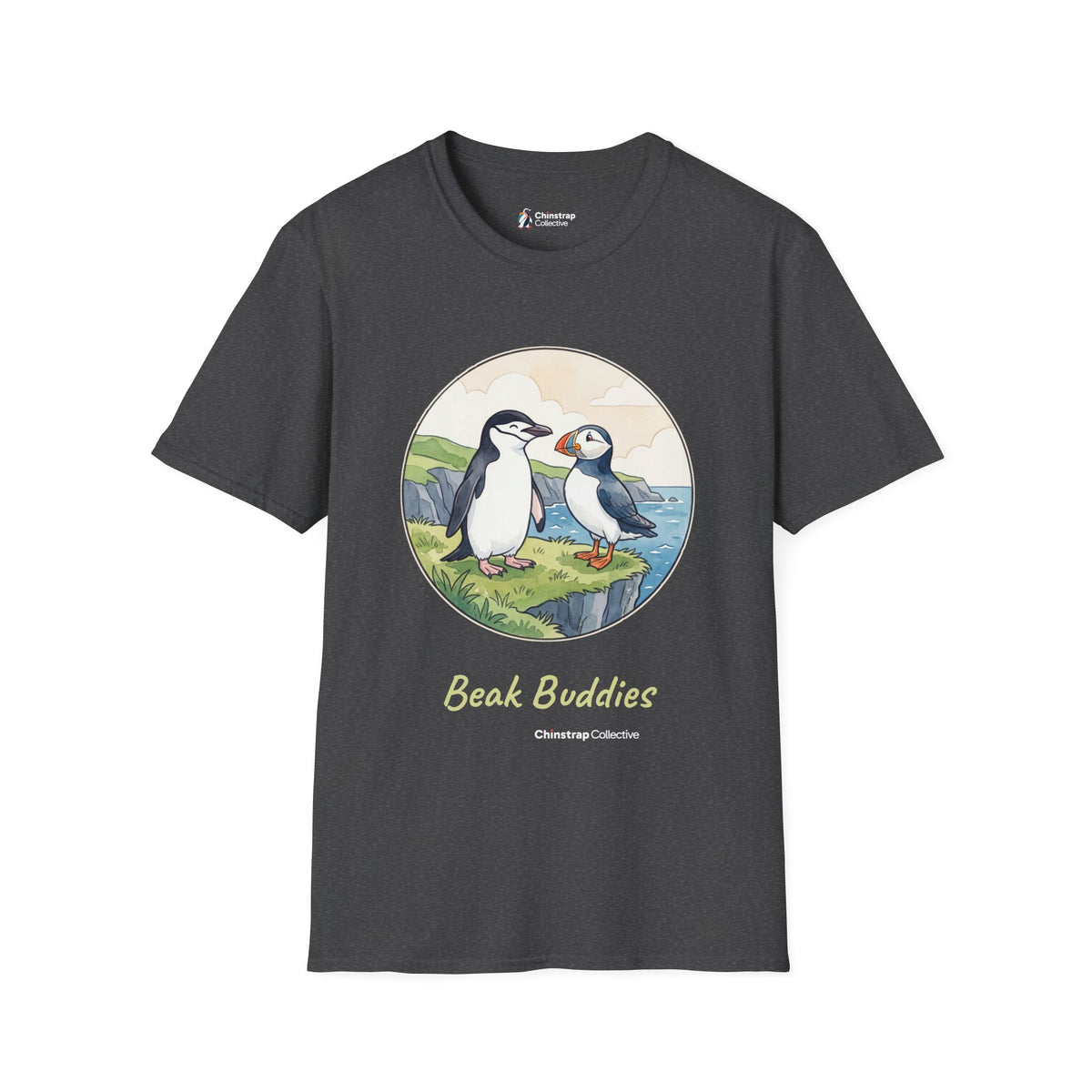 Beak Buddies penguin T-shirt in Dark Heather: A watercolour and ink chinstrap penguin and puffin