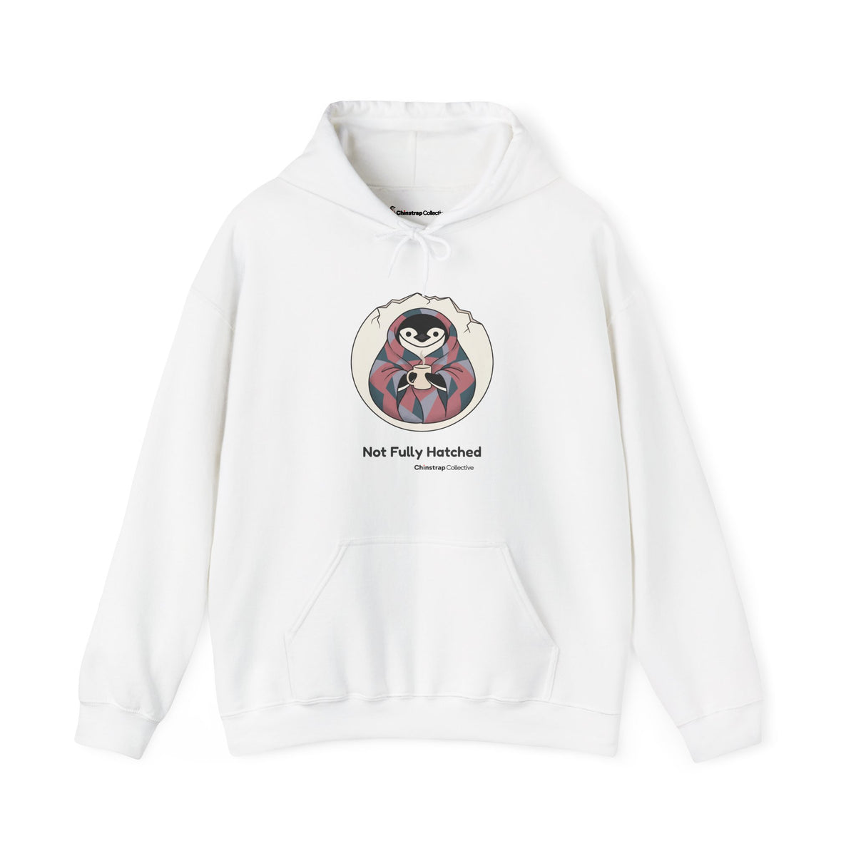 Not Fully Hatched penguin hoodie in White: Wrapped in a round eggshell white blanket with a jagged cracked rim, the…