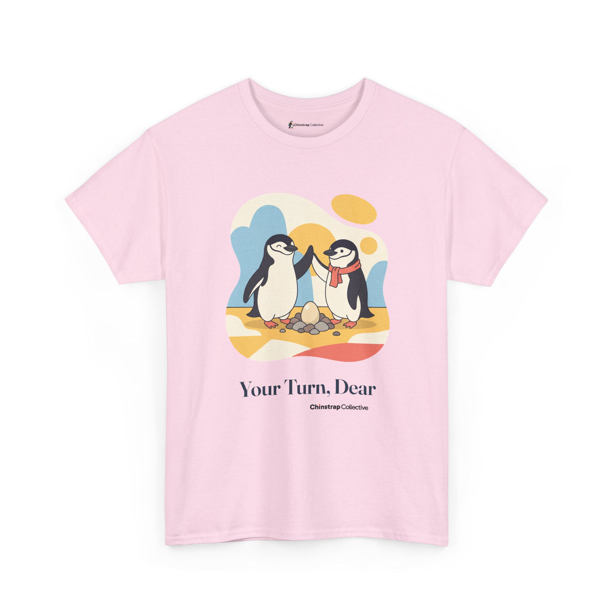 Shift Change penguin T-shirt in Light Pink: Two storybook chinstrap penguins high-fiving over an egg