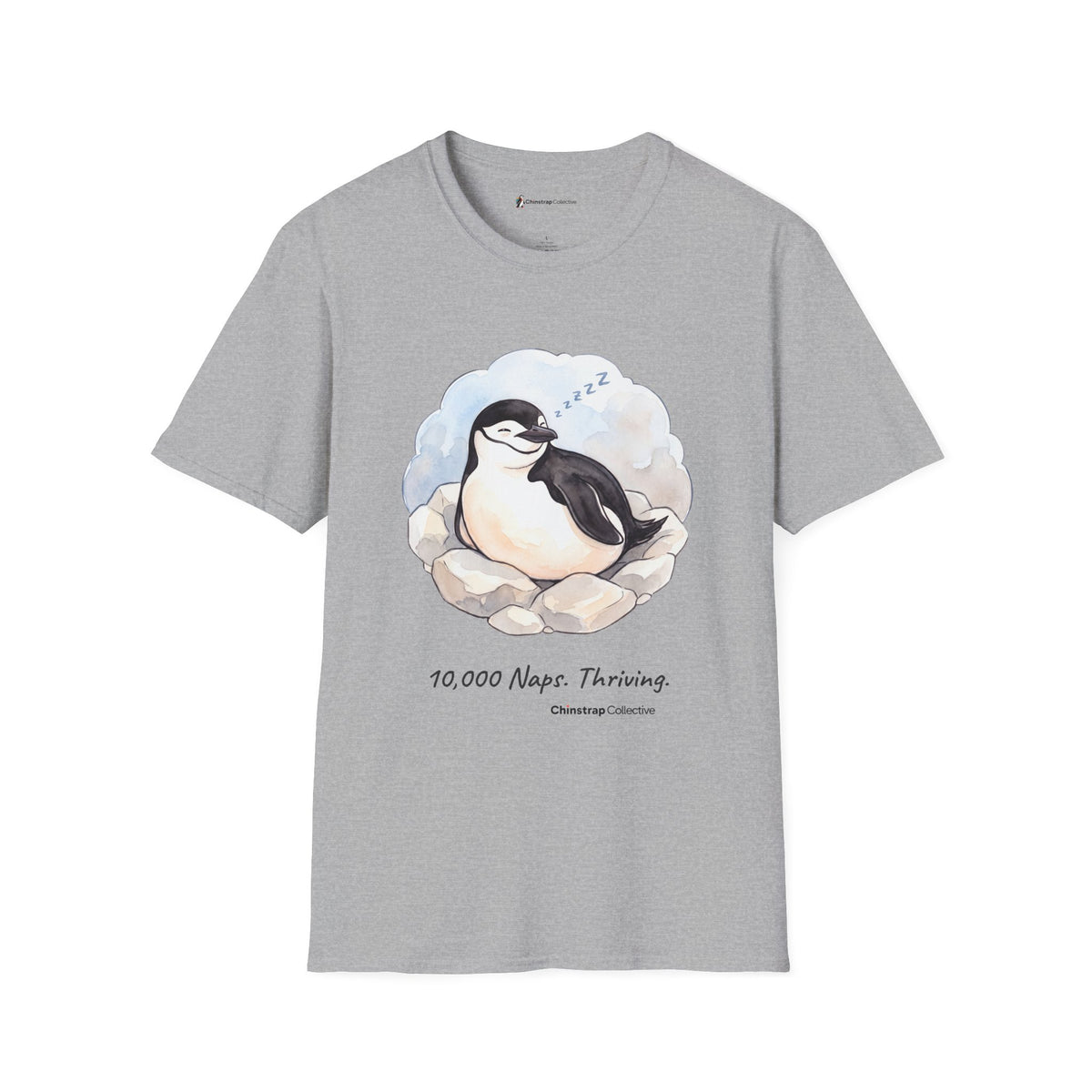 Professional Napper penguin T-shirt in Sport Grey: Inside a soft cloud of pale sky, the penguin sleeps