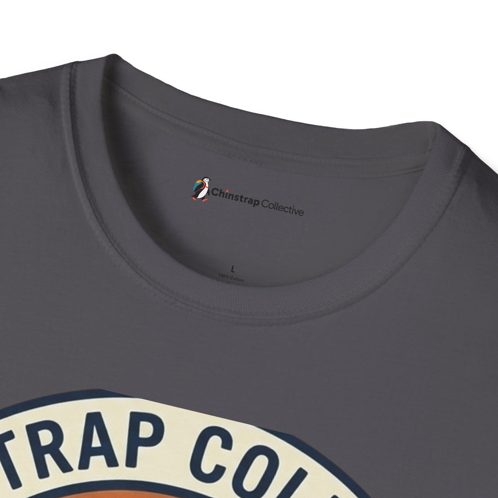 The Chinstrap Collective neck label on the Penguin Patch T-shirt in Charcoal