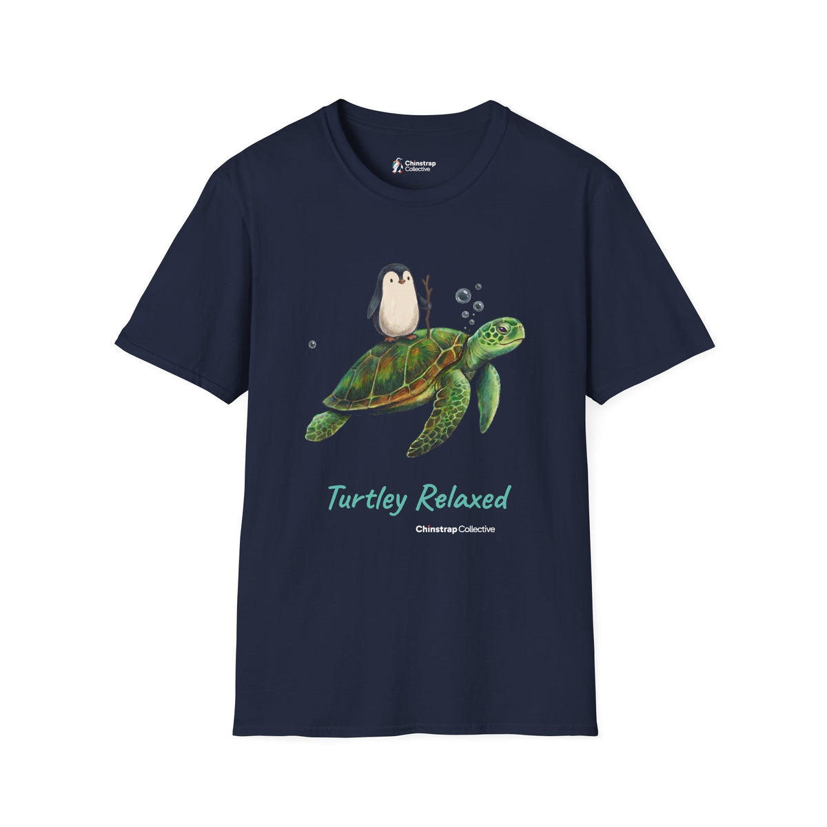 Turtley Relaxed penguin T-shirt in Navy: His painting printed as he made it: the penguin, a walking stick in its flipper,…