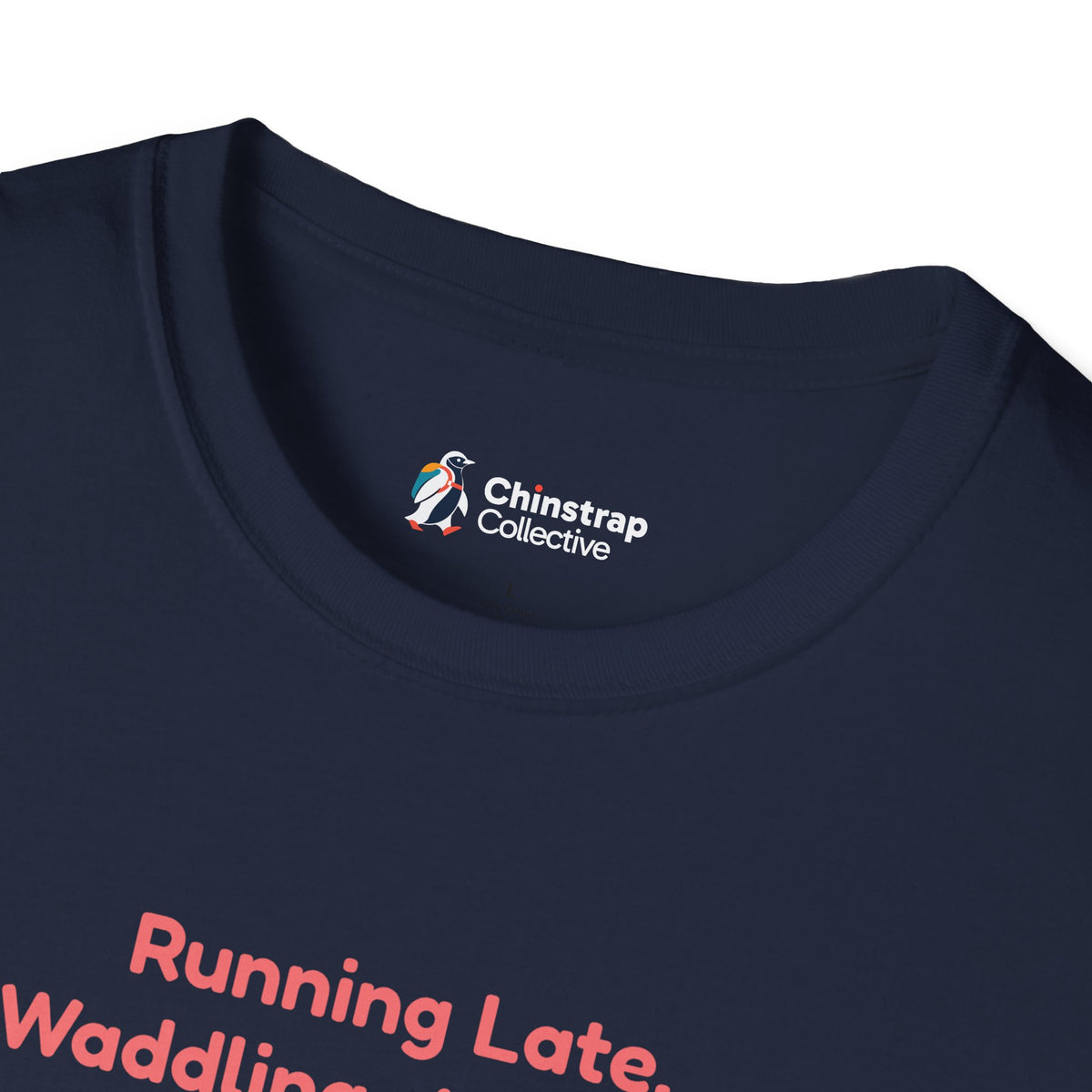 The Chinstrap Collective neck label on the Waddling T-shirt in Navy