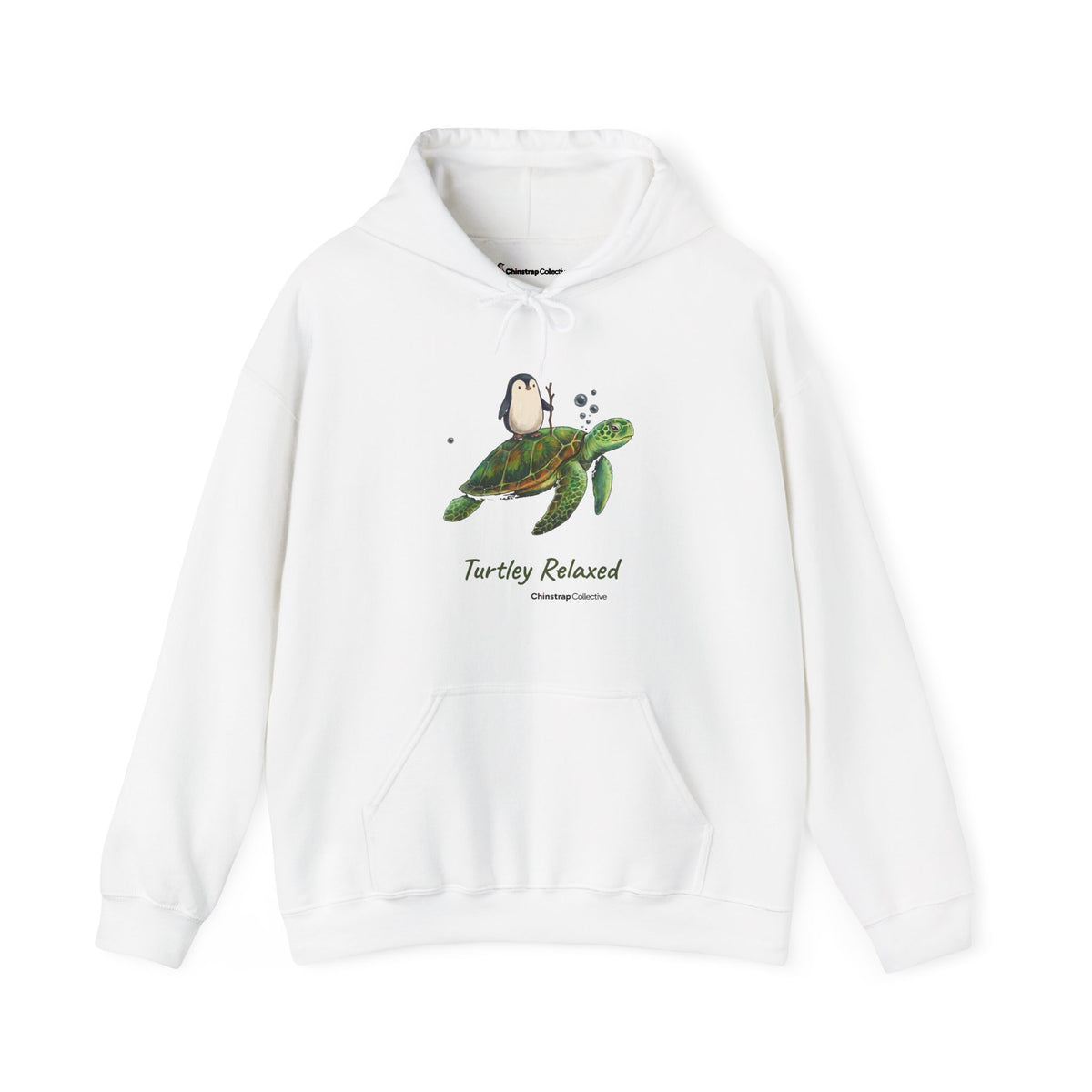 Turtley Relaxed penguin hoodie in White: The drawing shows the penguin, walking stick in flipper, riding on the back of a…
