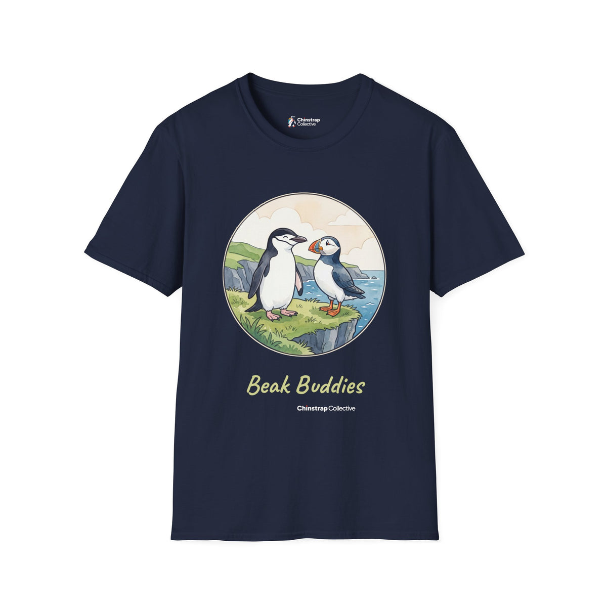 Beak Buddies penguin T-shirt in Navy: A watercolour and ink chinstrap penguin and puffin