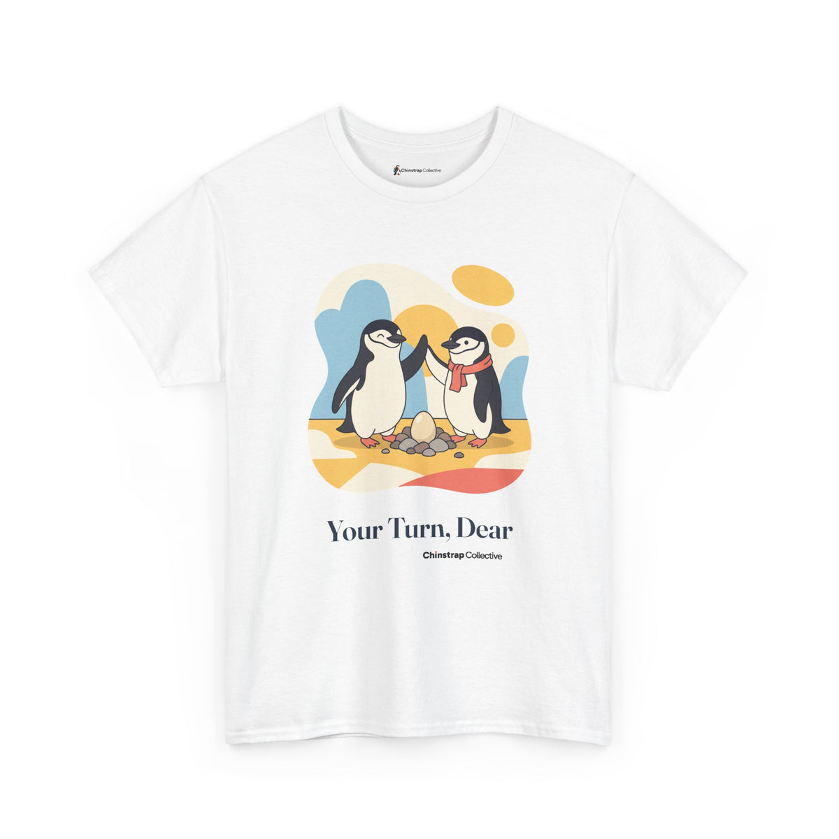 Shift Change penguin T-shirt in White: Two storybook chinstrap penguins high-fiving over an egg