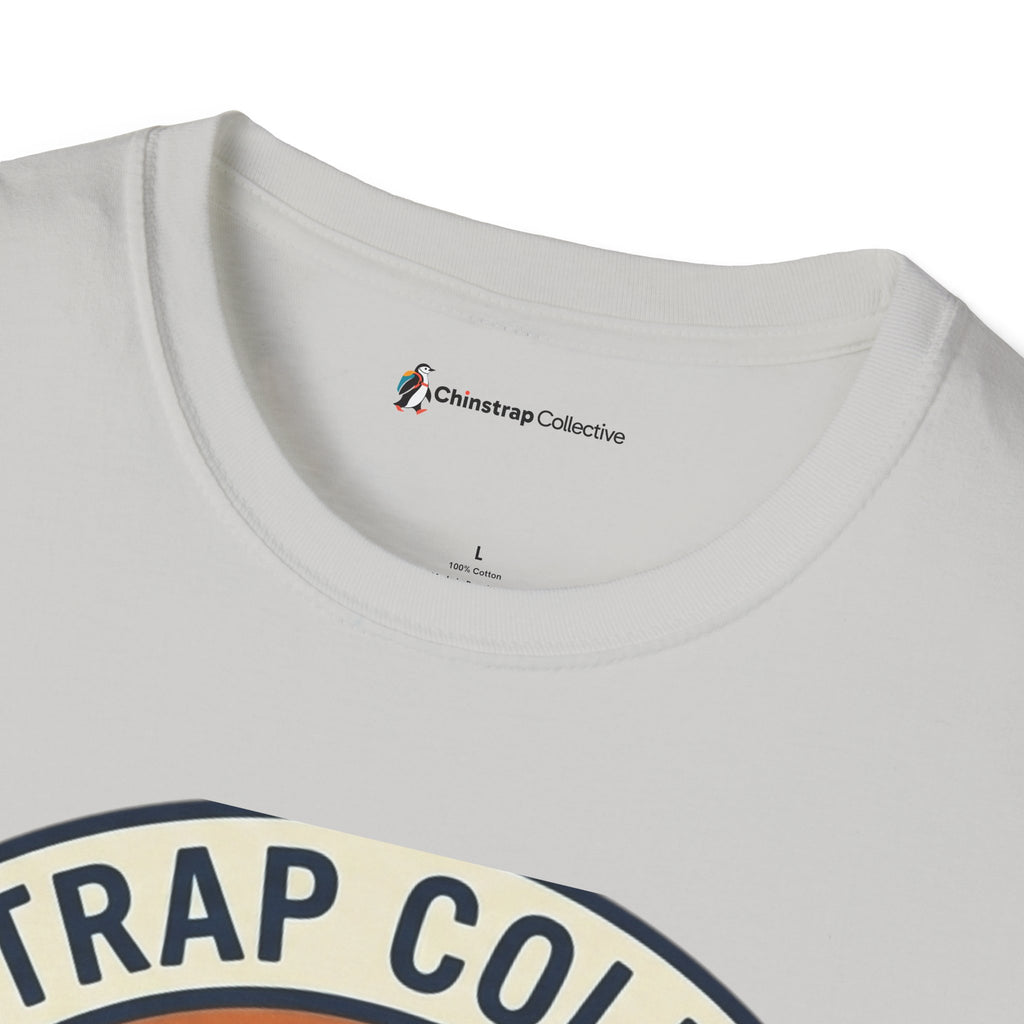 The Chinstrap Collective neck label on the Penguin Patch T-shirt in Ice Grey