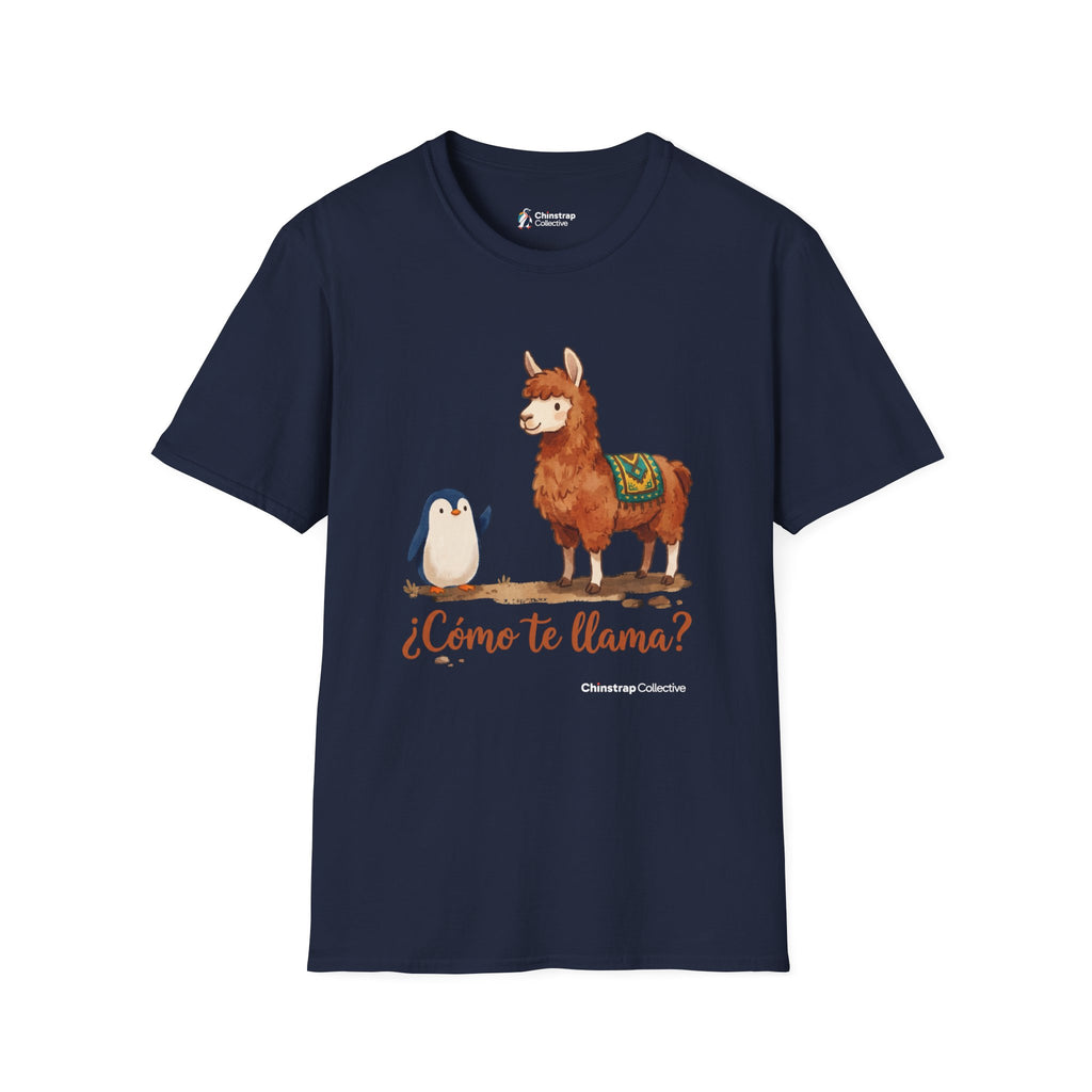 ¿Cómo Te Llama? penguin T-shirt in Navy: The penguin waves hello to a fluffy llama wearing a woven saddle blanket. “¿Cómo…