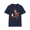 ¿Cómo Te Llama? penguin T-shirt in Navy: The penguin waves hello to a fluffy llama wearing a woven saddle blanket. “¿Cómo…
