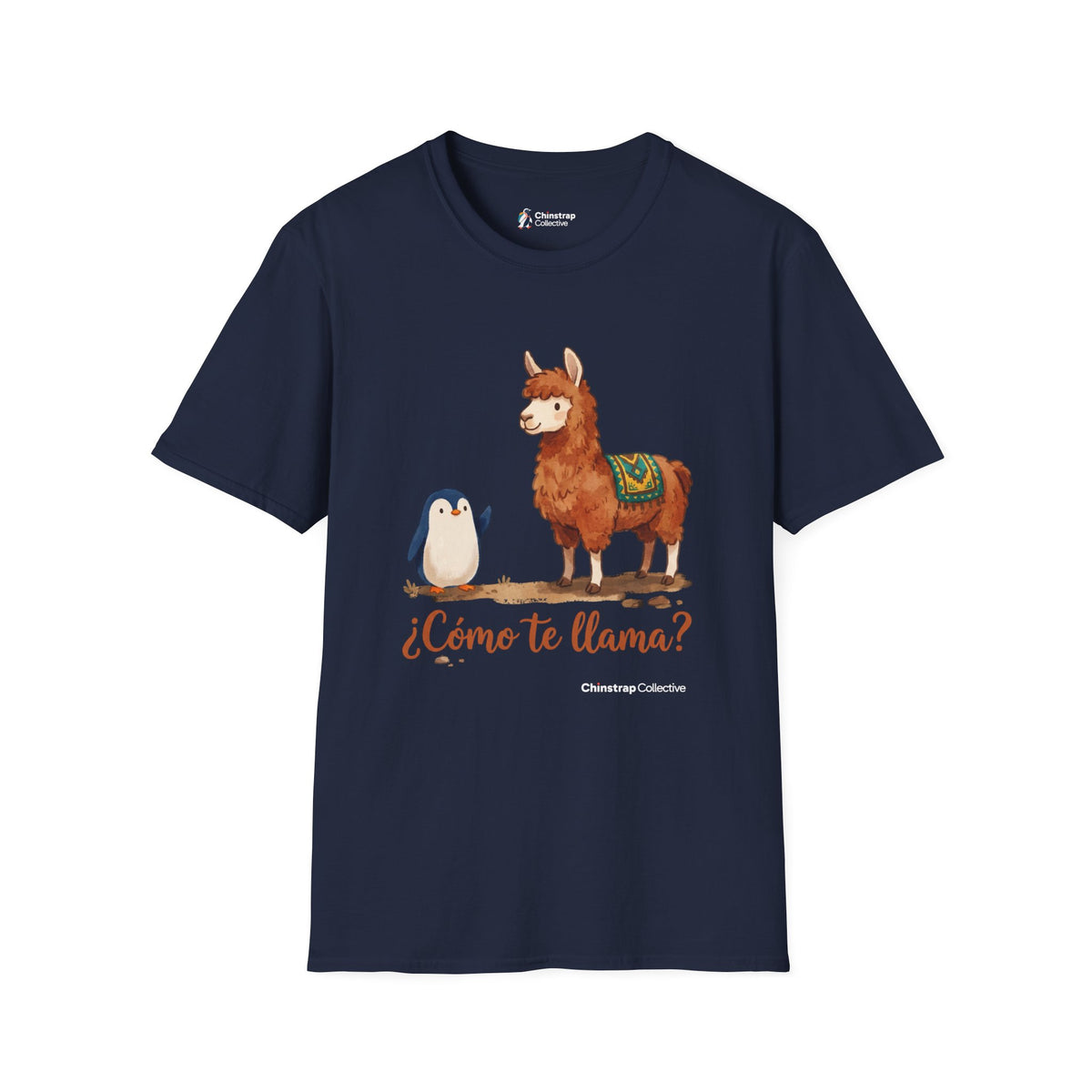 ¿Cómo Te Llama? penguin T-shirt in Navy: The penguin waves hello to a fluffy llama wearing a woven saddle blanket. “¿Cómo…