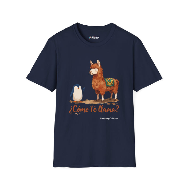 ¿Cómo Te Llama? penguin T-shirt in Navy: The penguin waves hello to a fluffy llama wearing a woven saddle blanket. “¿Cómo…