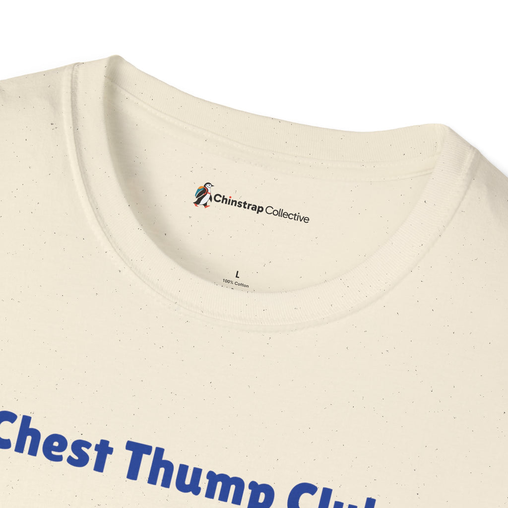 The Chinstrap Collective neck label on the Chest Thump Club T-shirt in Natural