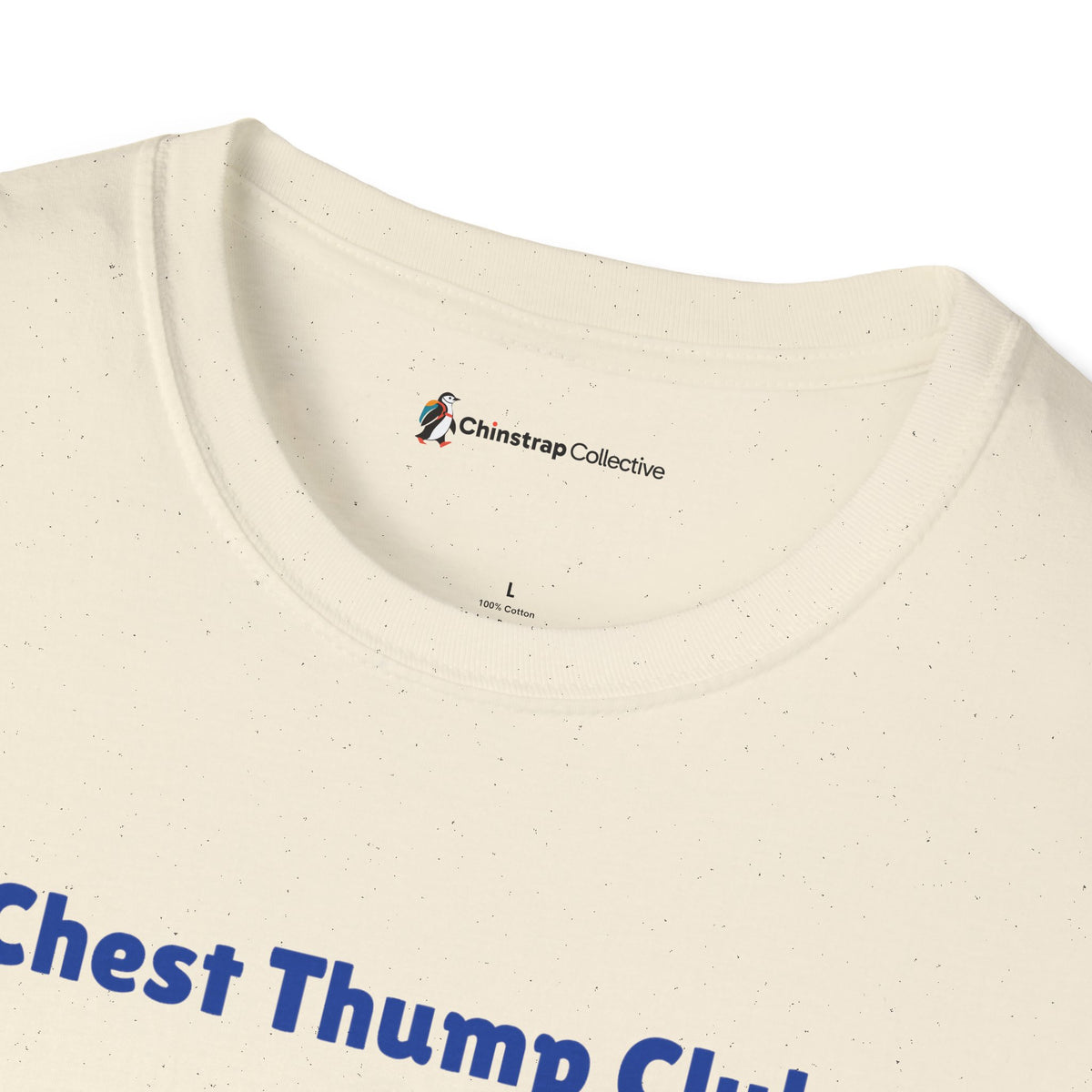 The Chinstrap Collective neck label on the Chest Thump Club T-shirt in Natural