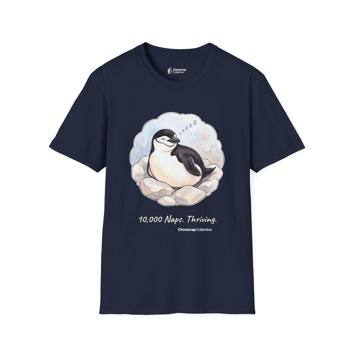 Professional Napper penguin T-shirt in Navy: Inside a soft cloud of pale sky, the penguin sleeps