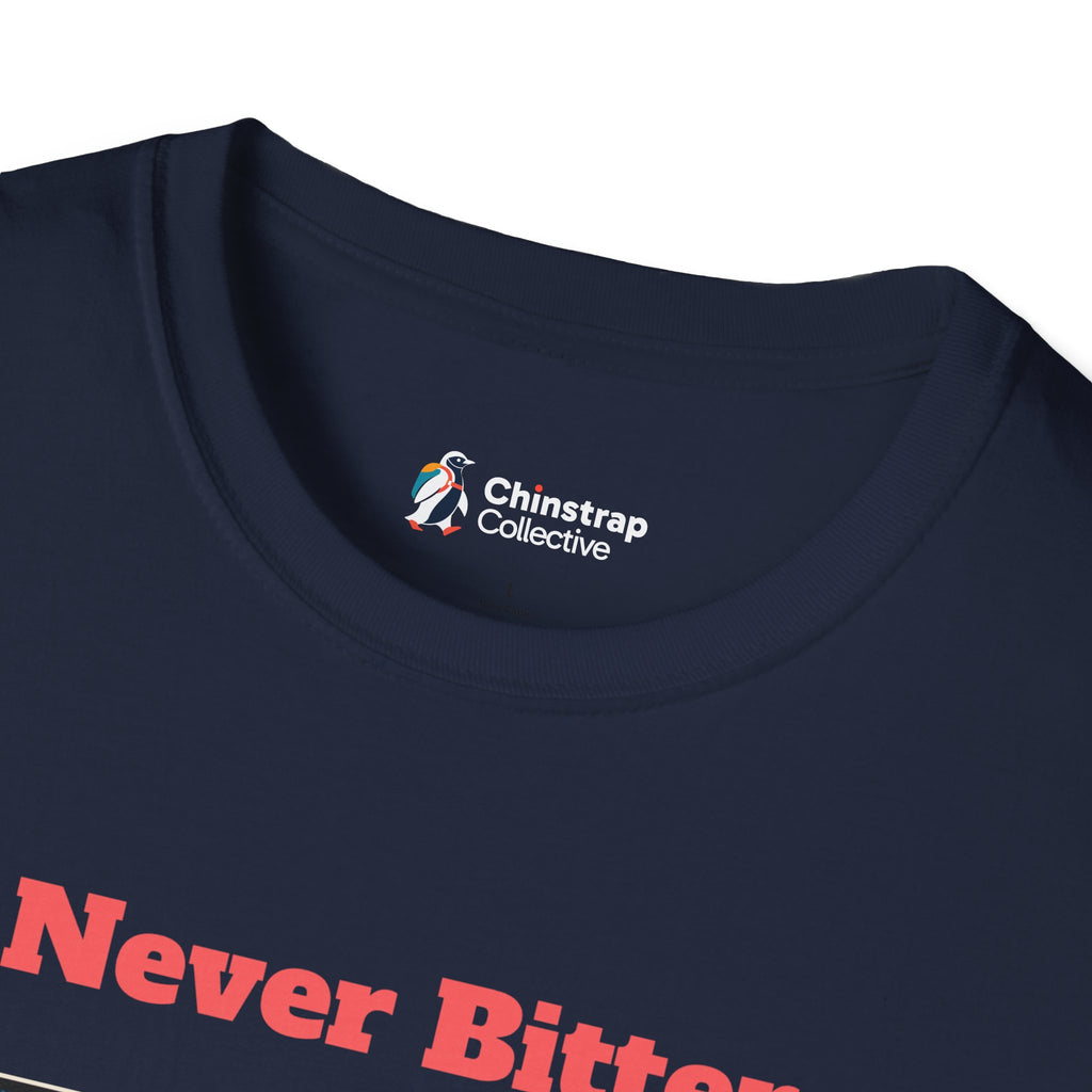 The Chinstrap Collective neck label on the Never Bitter T-shirt in Navy