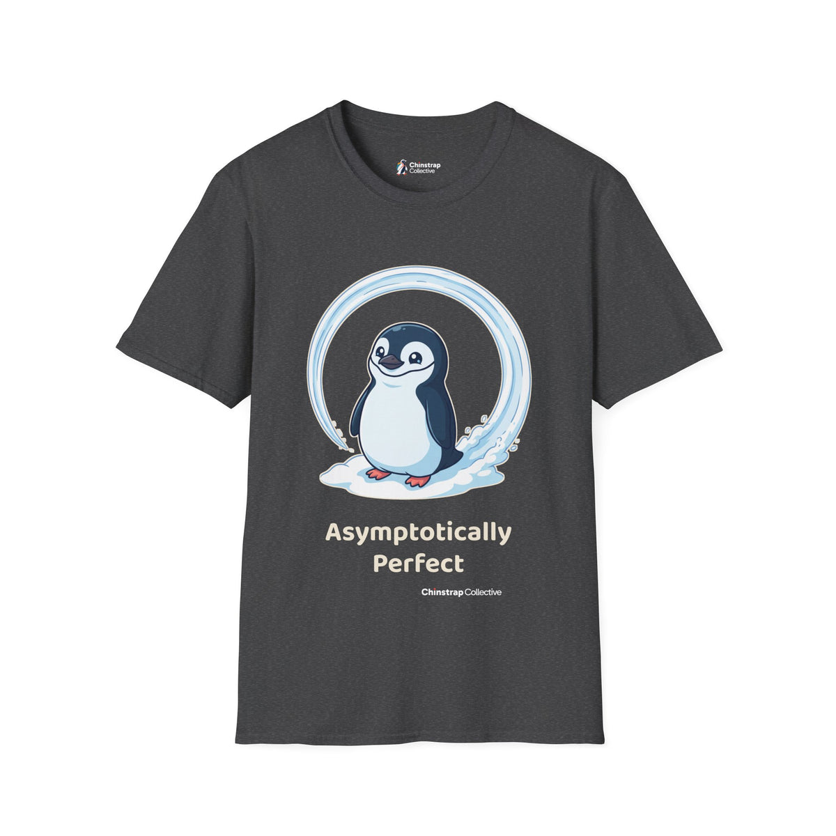 Asymptotically Perfect penguin T-shirt in Dark Heather: The chinstrap penguin stands inside a near-perfect circle it slid…